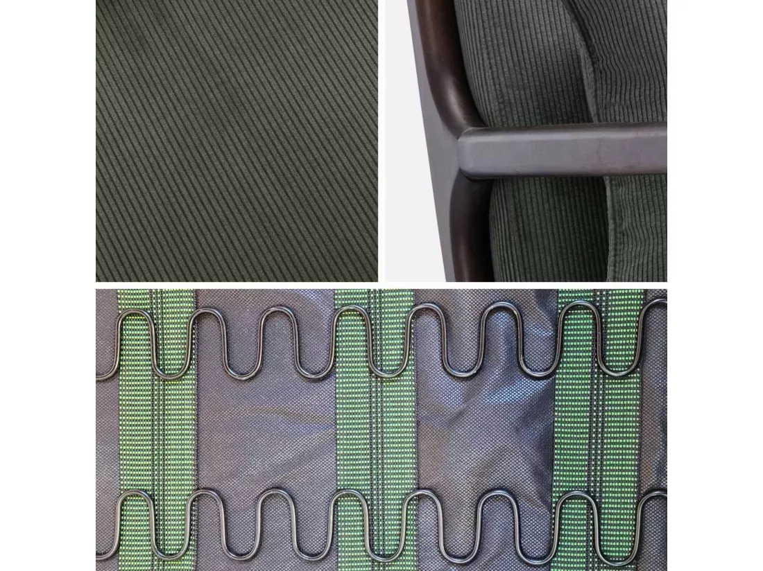 Fauteuil velours côtelé vert . pieds bois d'hévéa teinté wengé. 1 place droit fixe. pieds compas scandinave. structure en bois solide