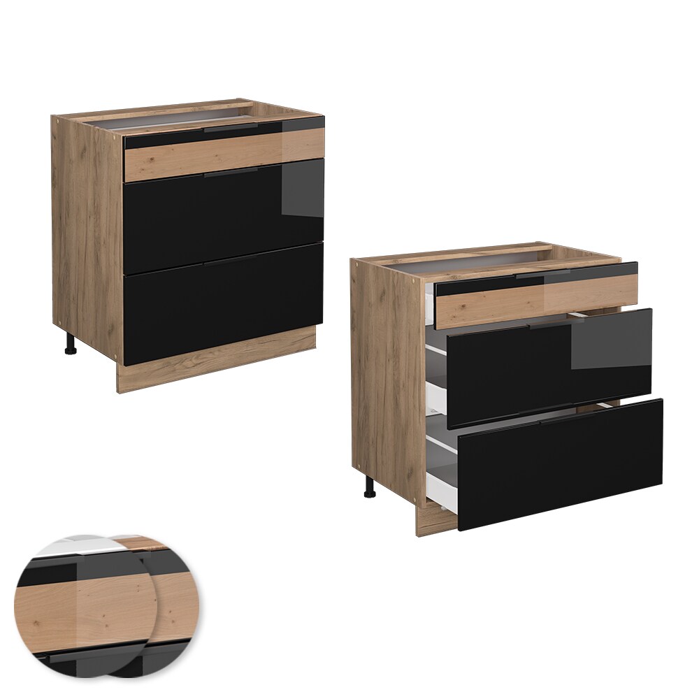 Vicco Schubladenunterschrank Küchenschrank Küchenmöbel Fame-Line Eiche Schwarz 80 cm modern Hochglanz