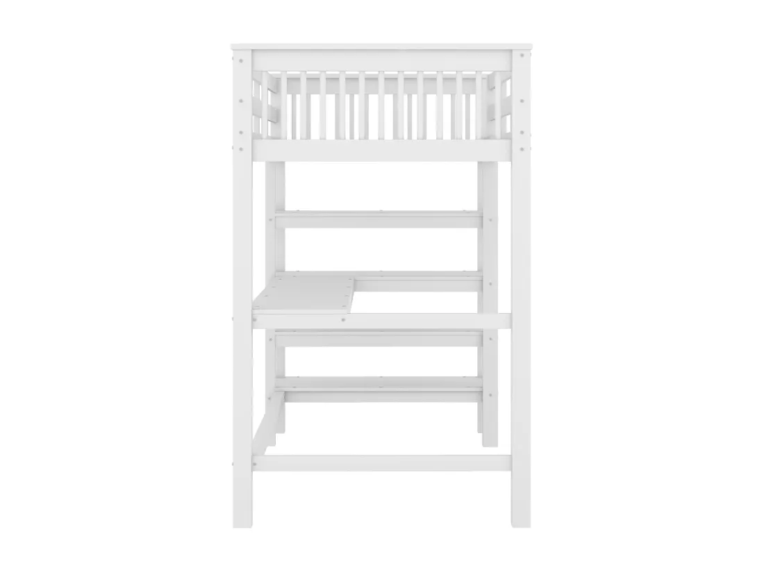 Lit mezzanine 90 x 200 cm avec bureau et étagères de rangement - Bois de pin + MDF - Blanc