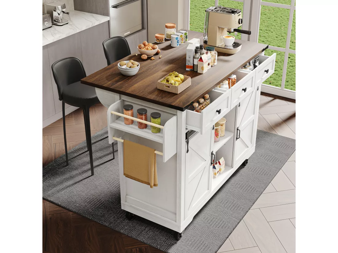 Ilot central de cuisine mobile avec 2 portes coulissantes et 3 tiroirs - plateau extensible - 140 x 45/73 x 92.5 cm - Bois MDF + métal - Blanc + naturel