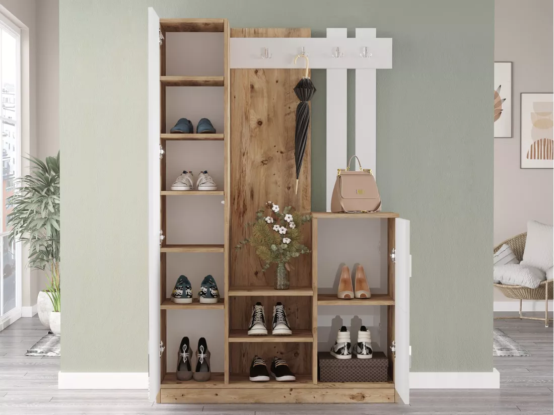 Vestiaire avec 3 portes et 1 miroir - Blanc et naturel - MIROTA