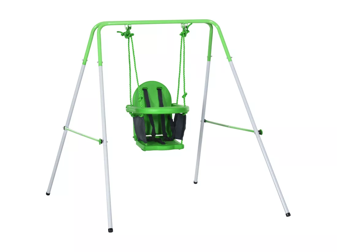 Portique balançoire enfant 6-36 mois - siège haut, accoudoirs, ceinture sécurité 2 points, barre protection - métal époxy blanc vert