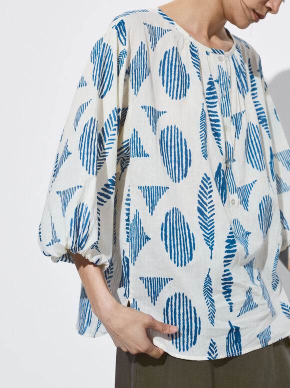 Camisa estampada com mangas bufantes - Off-White