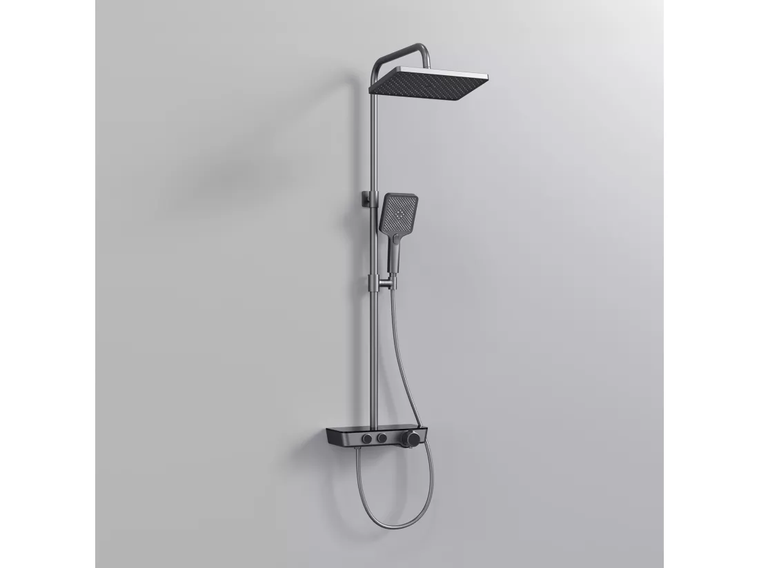 EMKE Colonne de douche thermostat, douchette à 3 puissances de jet, jet cascade, set de douche avec étagère en verre, Certification KTW, Gris métal