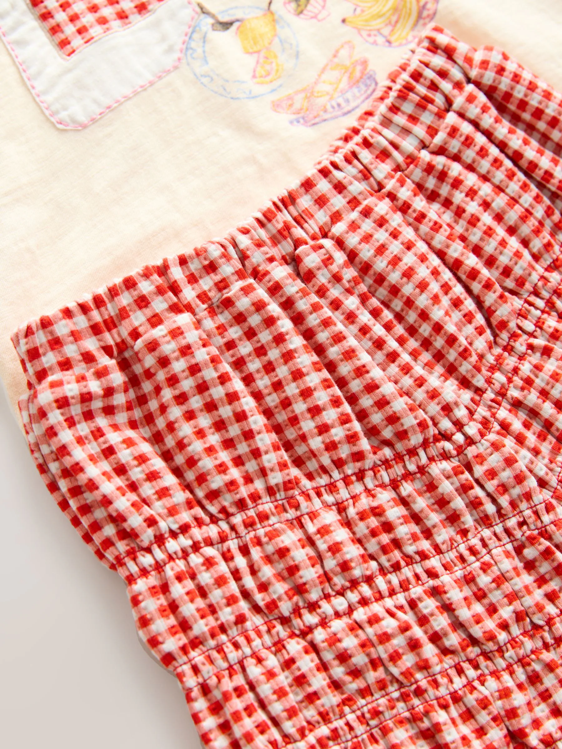 Ecru/rood geruit - Set van T-shirt en bloomer shorts met print (3-15jr)
