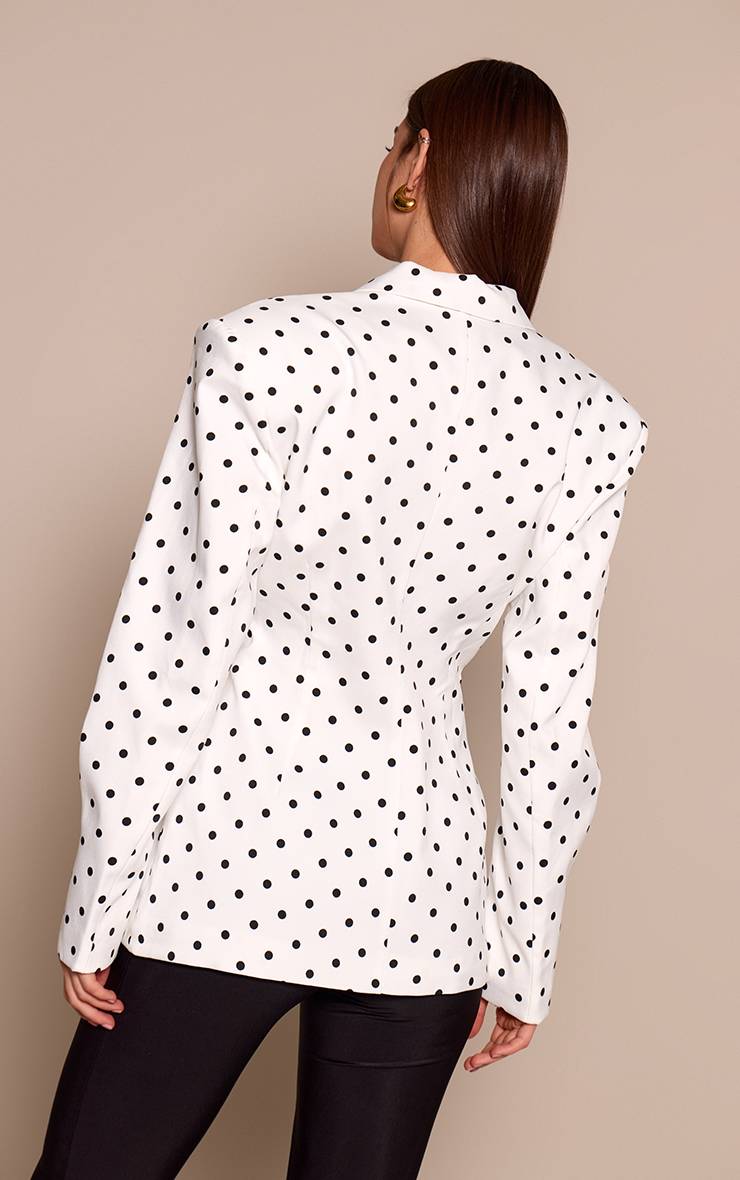 White Polkadot Blazer Crème À Revers Détaillés Avec Bouton Et Taille Cintrée