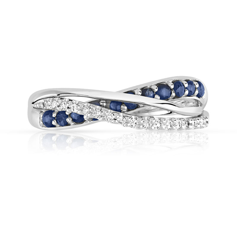Bague or 750 blanc anneaux entrelacés saphirs et diamants