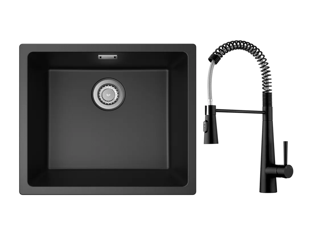 CECIPA MAX Evier 1 Bac en Quartz et Résine Noir Gris 50*44*20cm + Mitigeur de Cuisine à Ressort avec 3 Modes de Sortie D'eau, Noir
