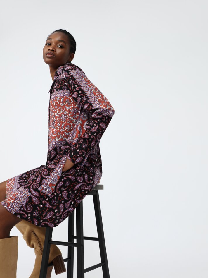 Vestido camisa estampado - Preto/laranja