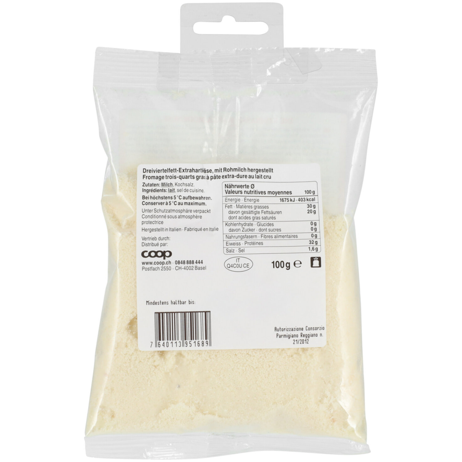 Slow Food Presidio Parmigiano Reggiano da latte di Vacca Bianca gerieben -