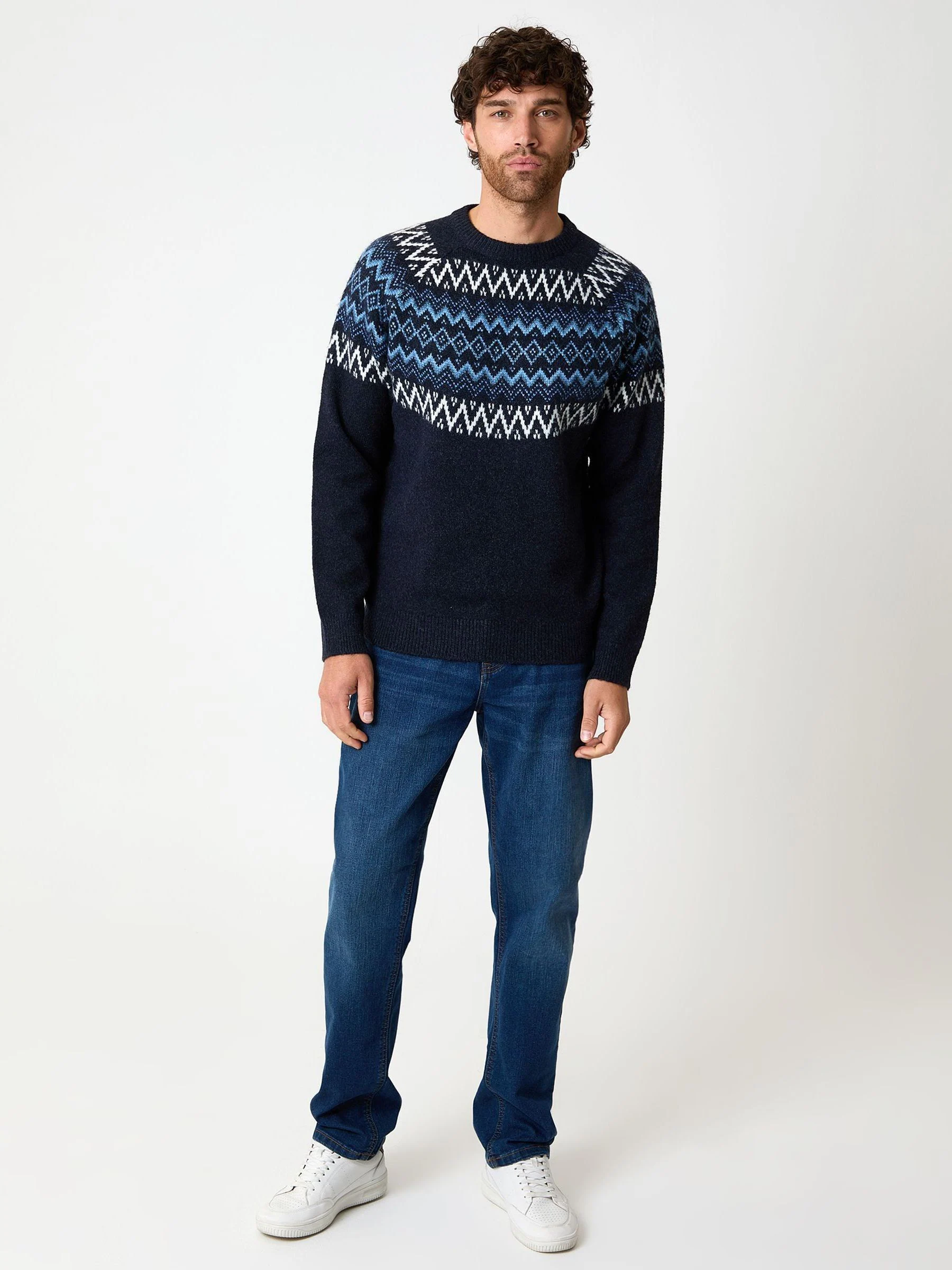 Marineblauw - Threadbare Kersttrui met raglanmouwen en fairislemotief
