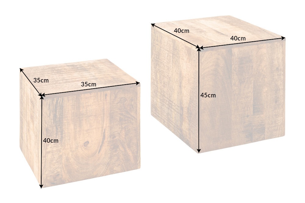 Massives 2er Set Beistelltisch CURACAO 45cm natur Mangoholz Würfel handmade Couchtisch
