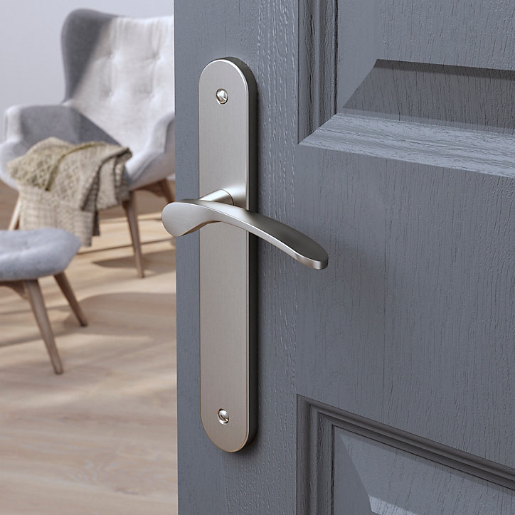 Ensemble poignée sur plaque rond GoodHome Beare effet nickel satin gris L.110.5mm x l.40mm entraxe 195mm