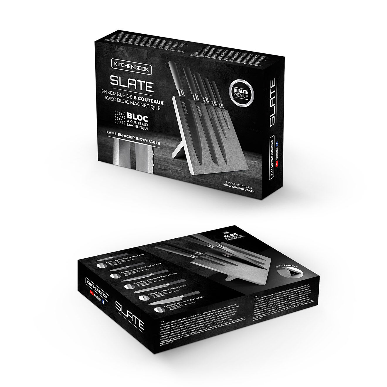 Kitchencook Ensemble de 6 couteaux avec bloc magnetique slate noir