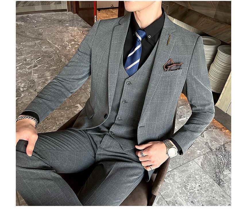 Deepwood - Set: Geruite blazer met één knoop + V-hals vest met knoopjes + pantalon
