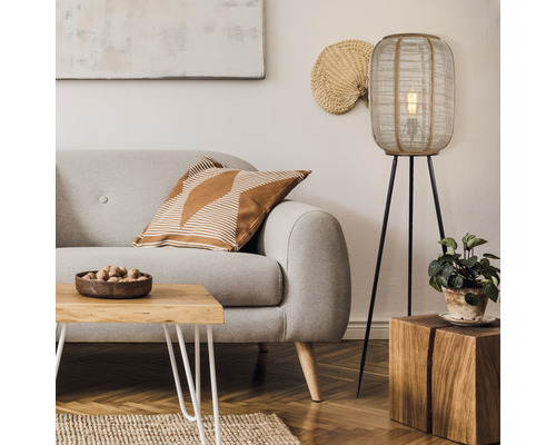 Staande lamp, 1-lichts, HxØ 150x32 cm, schuin, zwart/naturel, met voetschakelaar
