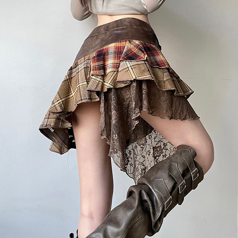 Honey River - Mini A-lijn rok met hoge taille en patchwork ruit