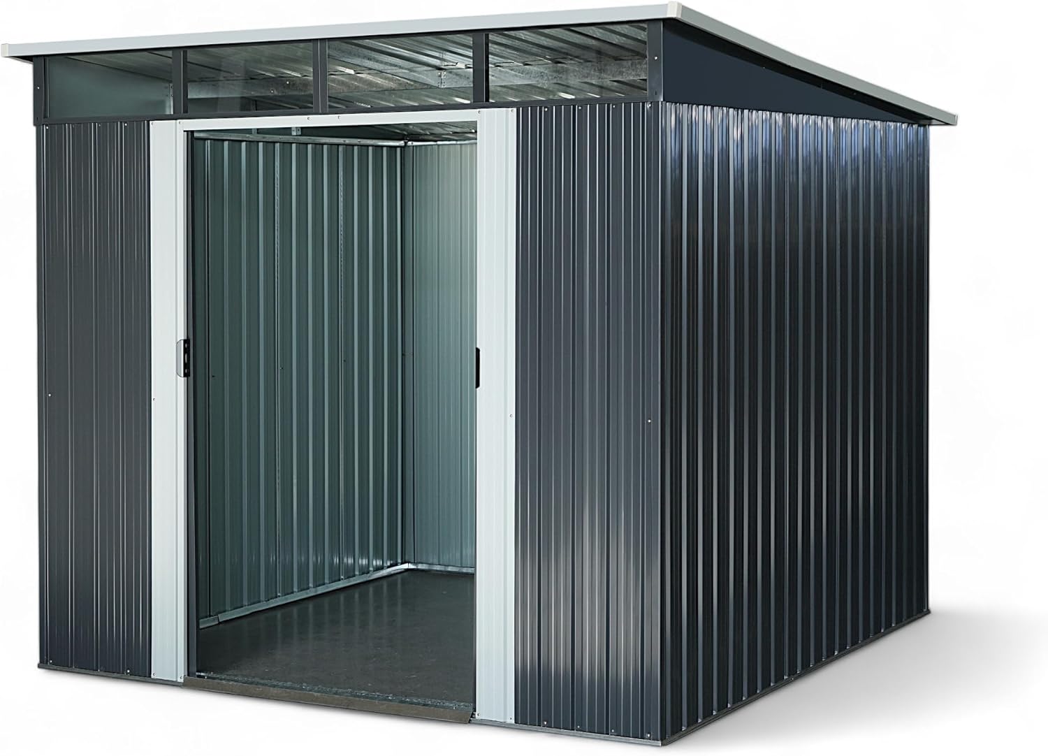 ALEOS. Gartenhaus Geräteschuppen mit Pultdach und großes Oberlichte - Fenster 5,6m² 239x236cm aus verzinktem Stahlblech anthrazit Metall mit Doppelschiebetür Türhöhe 173cm Schuppen Gartenhaus
