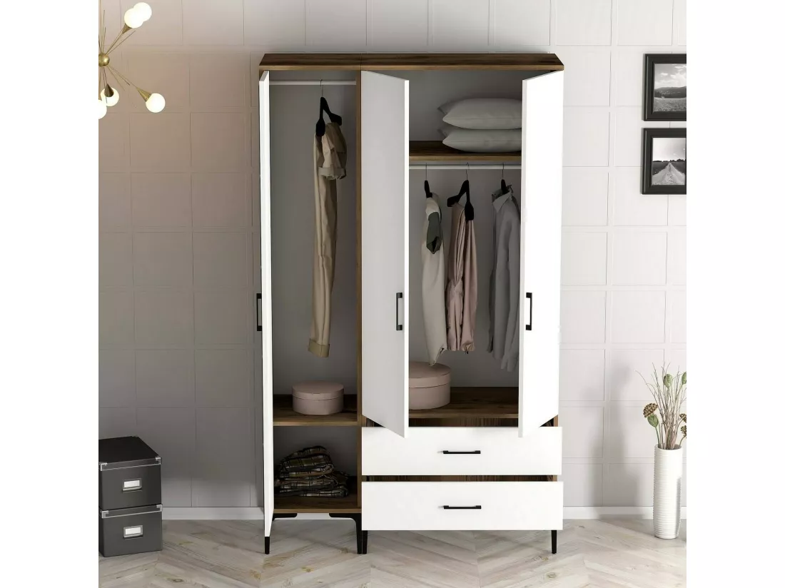 Garde-robe 3 portes Dgalbiat, Meubles de chambre, Penderie de plain-pied, Placard à vêtements, 120x48h201 cm, Noyer et Blanc
