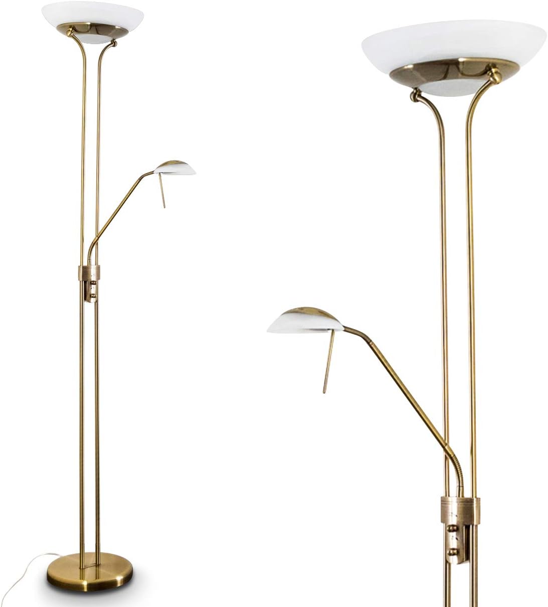 LED Stehlampe Biot, moderne Stehleuchte aus Metall in Altmessing, 18 u. 5 Watt, 1620 u. 450 Lumen, Lichtfarbe 3000 Kelvin, Standleuchte mit Dimmer u. verstellbarem Lesearm, mit Fußschalter am Kabel