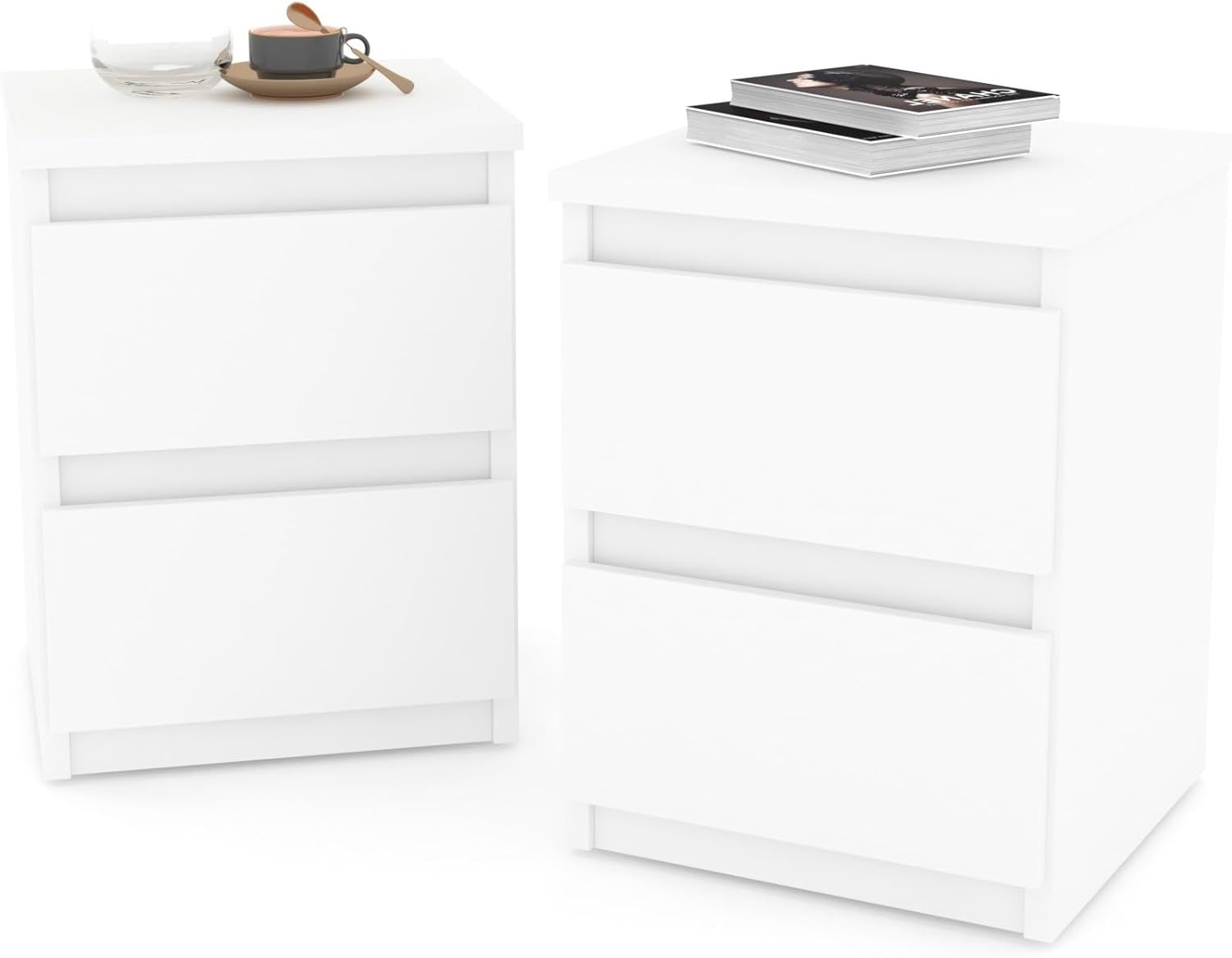 Nachttisch 2er Set Nachtschrank Nachtkommode Modern Möbel mit Schubladen Kommode Holz Schubladenschrank für Ihr Schlafzimmer (Weiß Matt) – 30 x 43 x 32,5 cm (B/H/T)