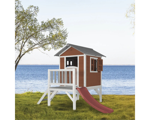 Speelhuis op stelten, axi Lodge, 240 x 167 cm, hout, rood, inclusief rode glijbaan