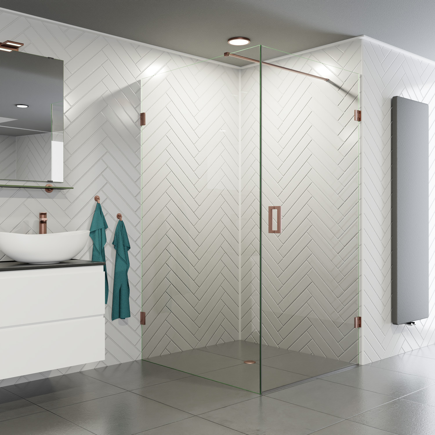 Saniclear Copper profielloze douchecabine 90x80cm met 80cm deur geborsteld koper