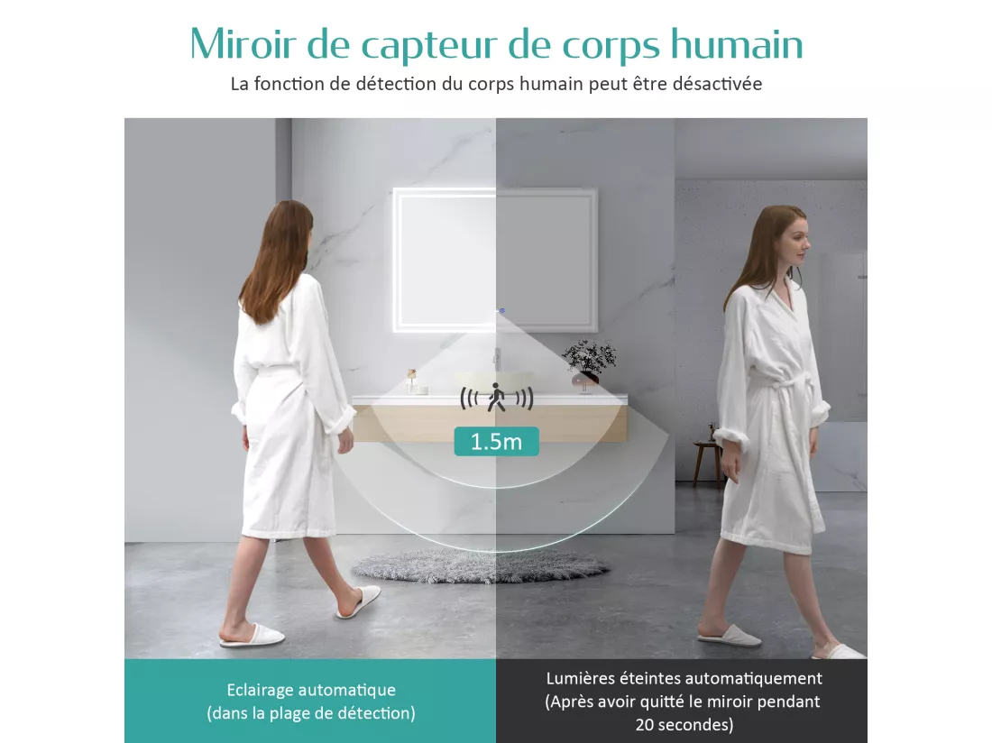 EMKE Miroir lumineux salle de bain 50x70cm avec Capteur de Mouvement, Miroir LED à capteur intelligent, Anti-buée, Lumière Froide/Chaude/Neutre