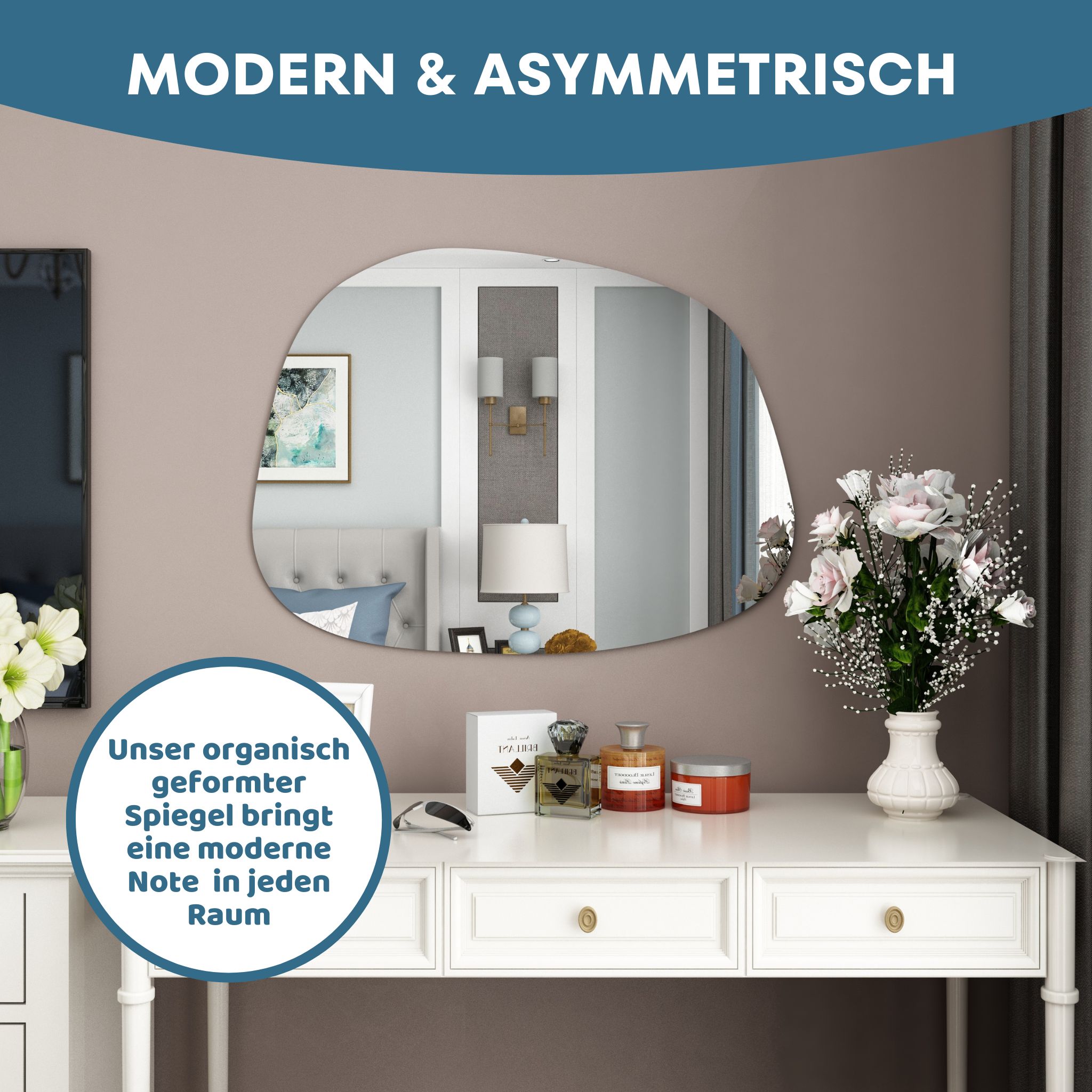 Albatros Designerspiegel Asymmetrisch 75 x 55 cm Wandspiegel oder Türspiegel, Moderne organische FormSpiegel Oval und Groß Asymmetrischer Spiegel unförmig und Rahmenlos
