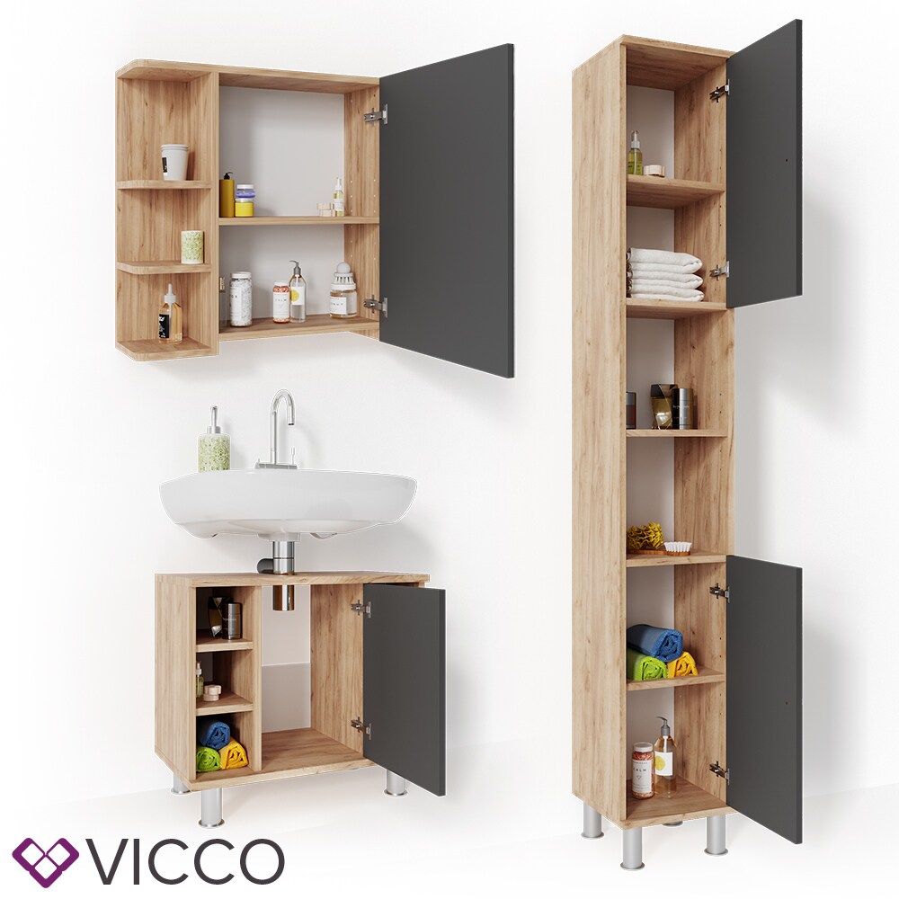VICCO Badmöbel Set FYNN Eiche Anthrazit Spiegelschrank Unterschrank Hochschrank