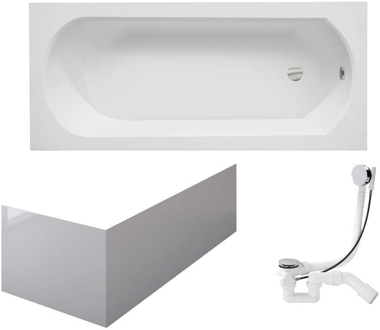 VBChome Badewanne 150x75 cm Acryl SET Schürze Siphon Wanne Rechteck Weiß Design Modern Ablaufgarnitur in Chrom