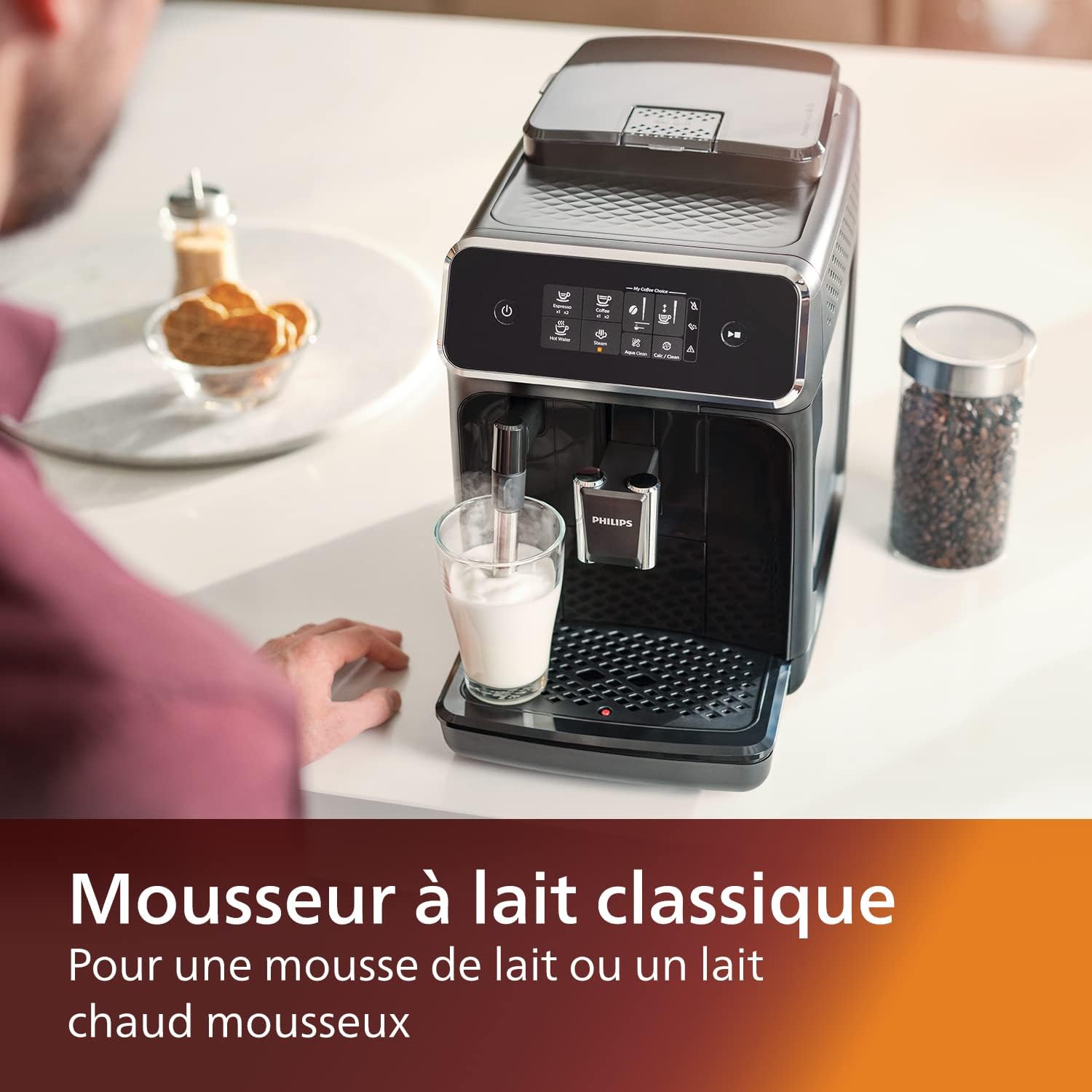 Philips Série 2200 Machine Expresso - Café à Grain - Mousseur à Lait Classique, cran Tactile Intuitif, Noir Mat (EP2220/10)
