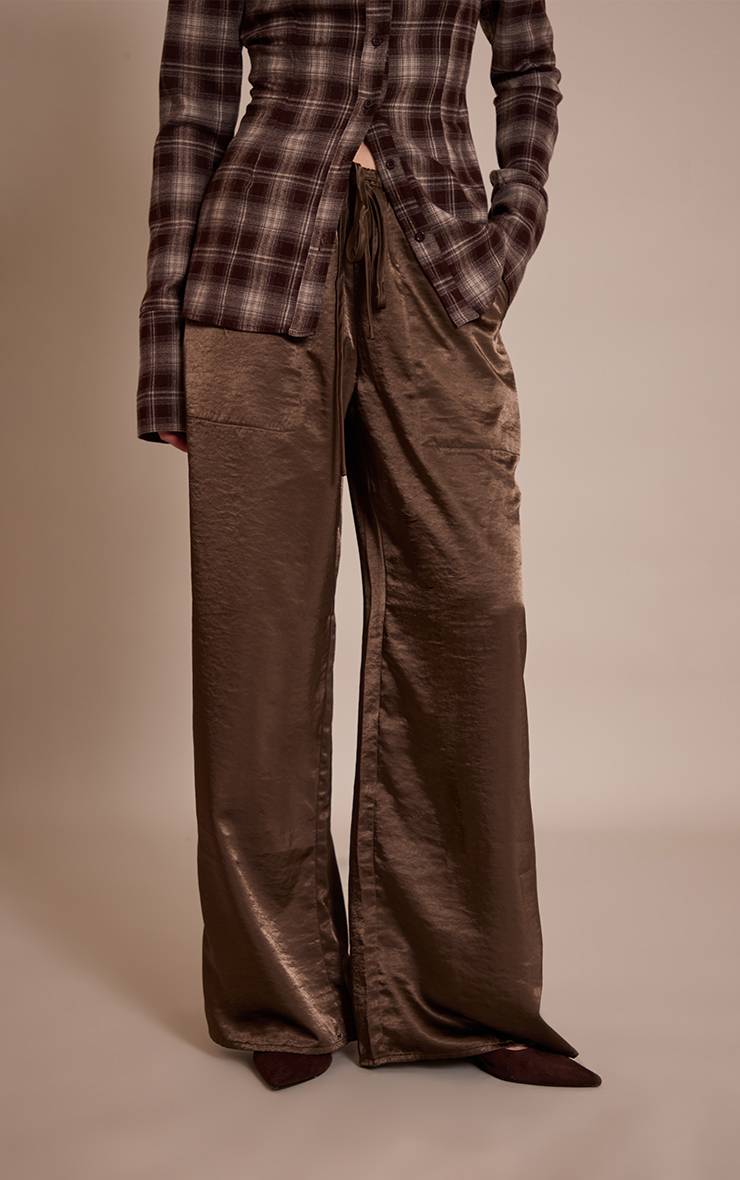 Vert Olive Foncé Pantalon Ample À Cordon En Satin Froissé