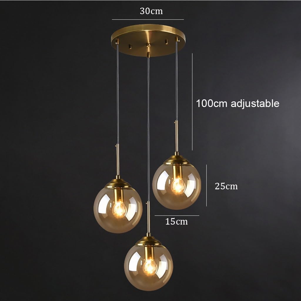 Glas Pendelleuchte Esstisch Hängelampe, Pendellampe 3-flammig Glas Lampenschirm Modern Design Kreative Hängeleuchte Höhenverstellbar Wohnzimmer Schlafzimmer Küche Leuchte Dekoration(Amber,3 heads)