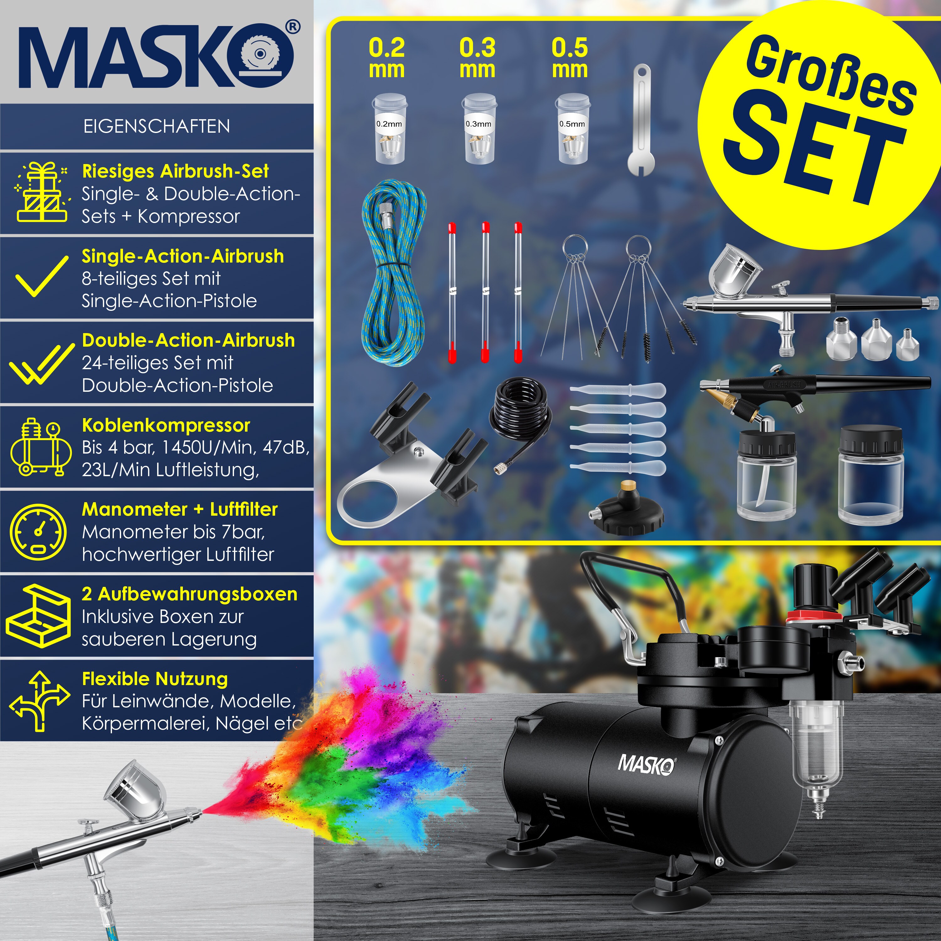 MASKO® Airbrush-Set mit Kompressor 4 bar inkl. Airbrush-Pistolen | Lackierpistole Komplett-Set Tattoo Kunst Malerei | Nadeln & Düsen im Zubehör | Multifunktions Dual-Set mit Manomter & Luftfilter