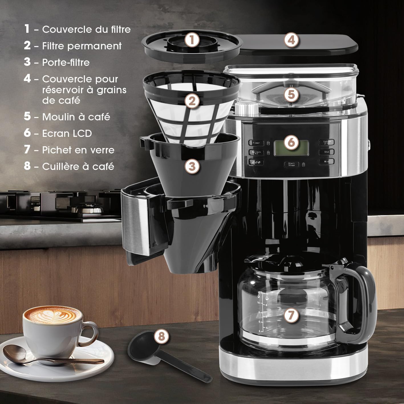Barista Kaffee & Technik Cafetière Filtre avec verseuse erseuse en verre 1L pur 12 tasses de café, Machine a cafe grain avec broyeur et écran digital,