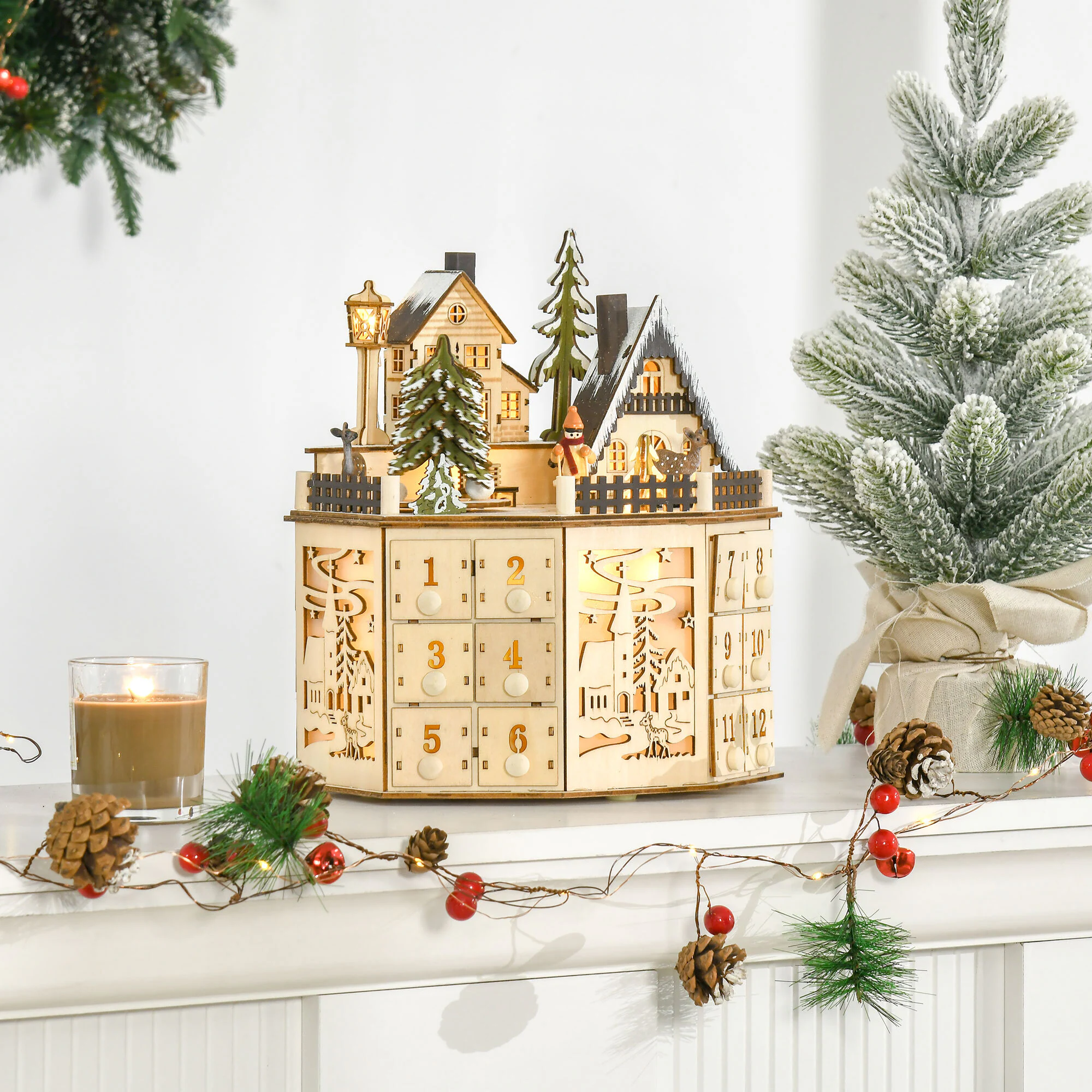 HOMCOM Adventskalender mit LED Lichtern und kleinem Dorf natur 25B x 20T x 29H cm