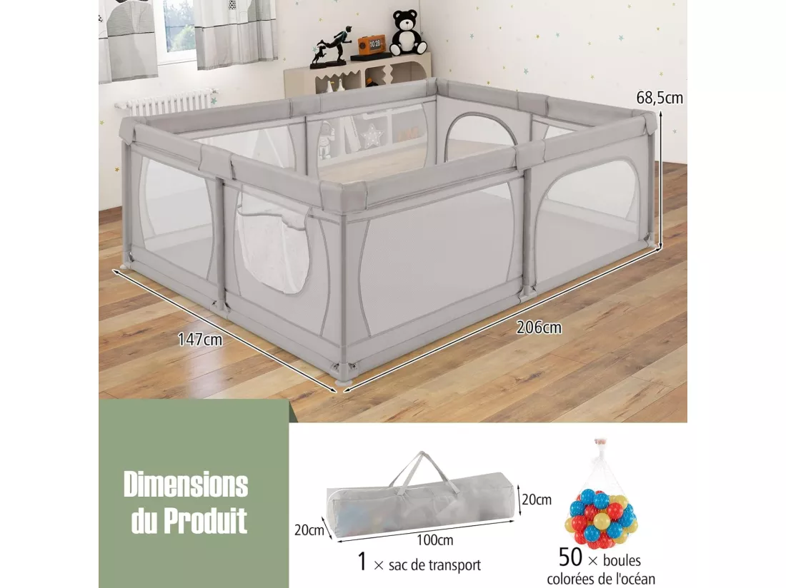 Parc pour Bébé avec 50 Balles Océaniques, Centre d'Activités avec Base Antidérapante, Maille Respirante, et Porte à Fermeture Eclair, 206×147×68,5CM (Gris Clair)