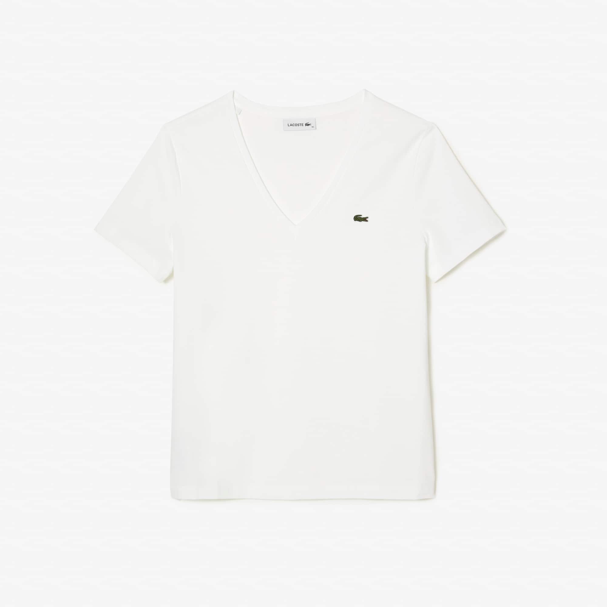 T-shirt à col V loose fit en coton uni T-Shirts - Blanc - Lacoste - Femme