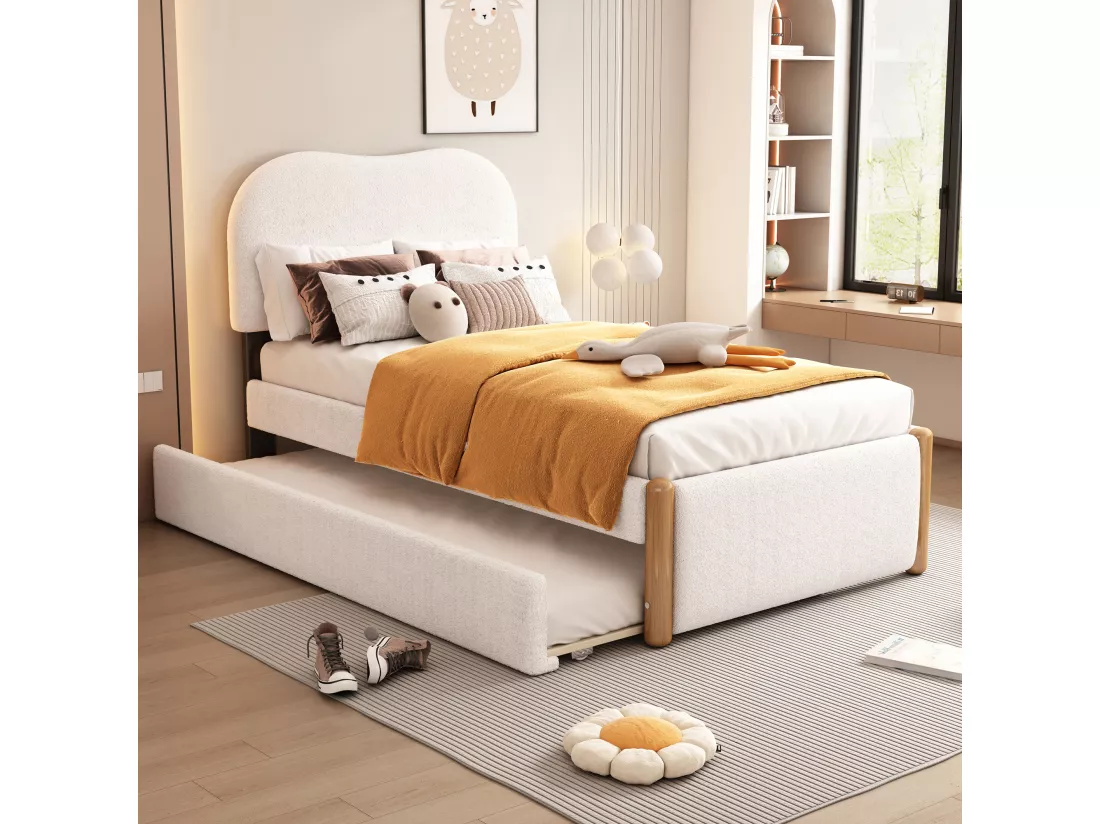 Lit gigogne 90 x 200 cm + 90 x 190 cm - style moderne - tissu en peluche - sommier à lattes - blanc