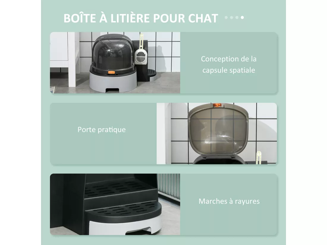 Maison de toilette litière pour chat design capsule spatiale - porte, capot ouvrant, pelle, 2 tiroirs amovibles - gris noir