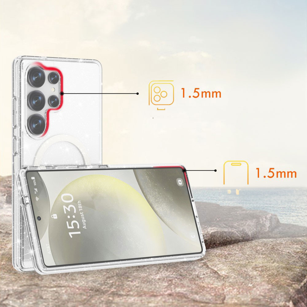 Samsung Galaxy S25 Ultra Hybrid Hardcase Hülle mit TPU Bumper Glitzer Design MagSafe-Modul - Transparent