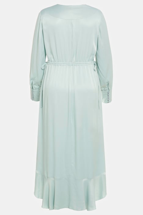 Wickelkleid, Satin, Volant, V-Ausschnitt, Langarm