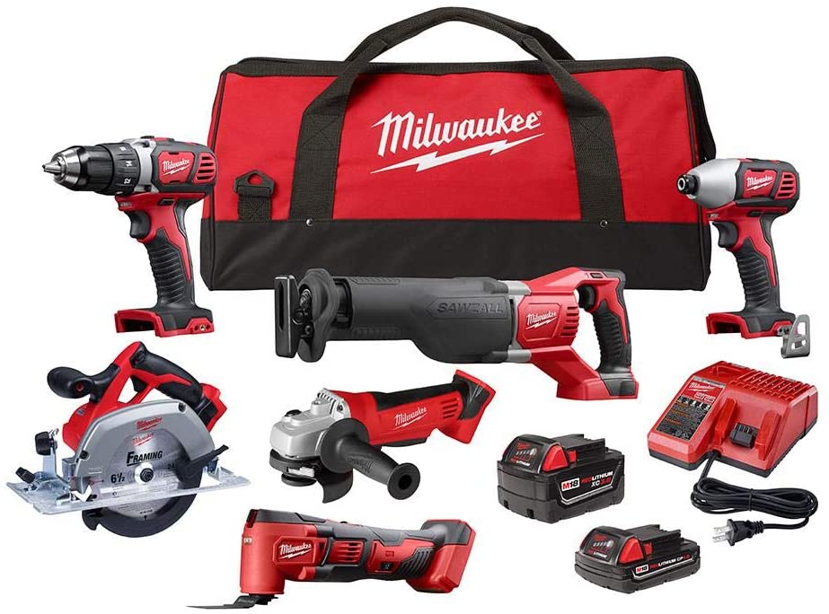 Milwaukee M18 18V Lithium Ion Cordless Combo Kit (6 tools) with two batteries, charger and two tool pouches