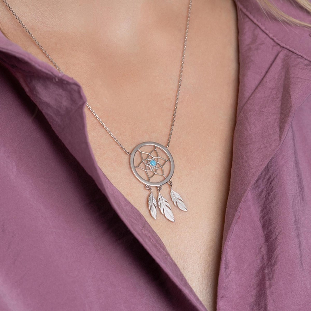 Collier attrape-rêves perle bleu turquoise argent 925 Rhodié