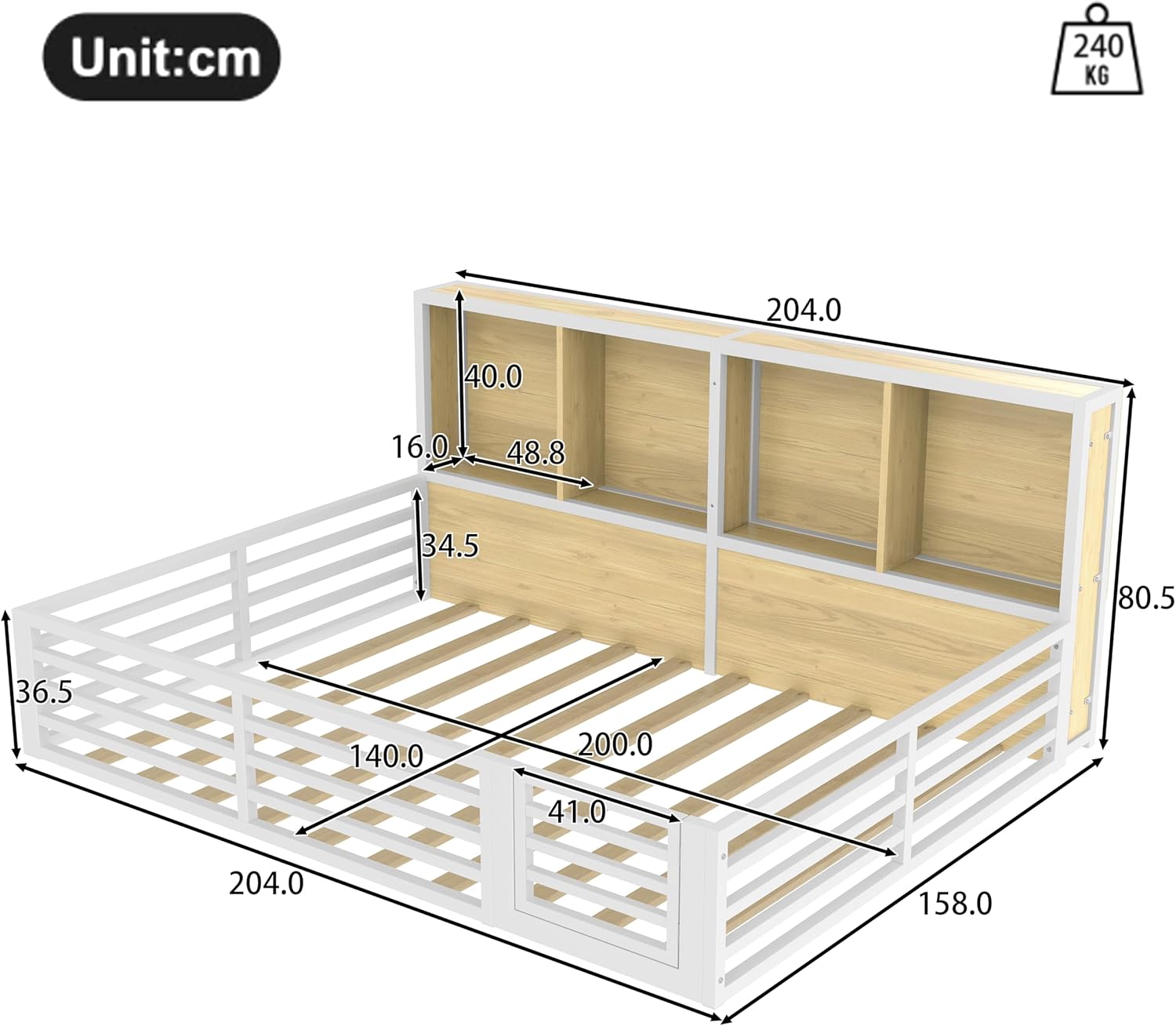 Kinderbett Bodenbett 140x200, Hausbett mit Rausfallschutz&Lattenrost, Montessori Bett mit 4 Staufächer&LED-Beleuchtung&Tür, Doppelbett Gitterbett Metallbett Bettgestell Spielbett, Ohne Matratze, Weiß