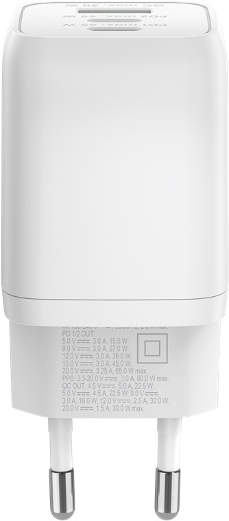 (65W/5A) Nano USB A / 2x USB C GaN Ladegerät Netzteil Power Delivery / Quick Charge 3.0 (64754) - Weiss