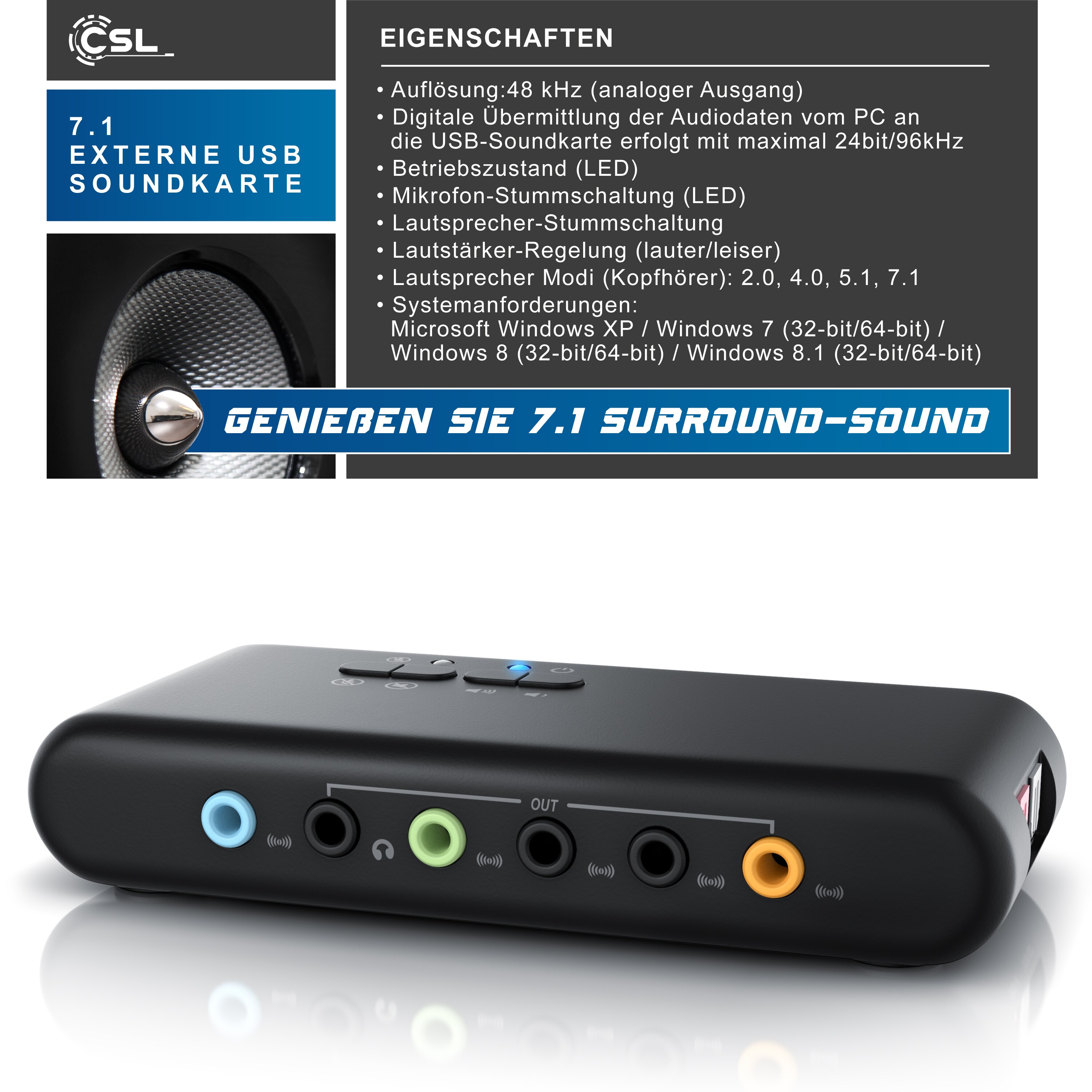 CSL externe 7.1 USB Soundkarte für bis zu 8 Lautsprecher Dynamic 3D Surround Sound / mit Treiber