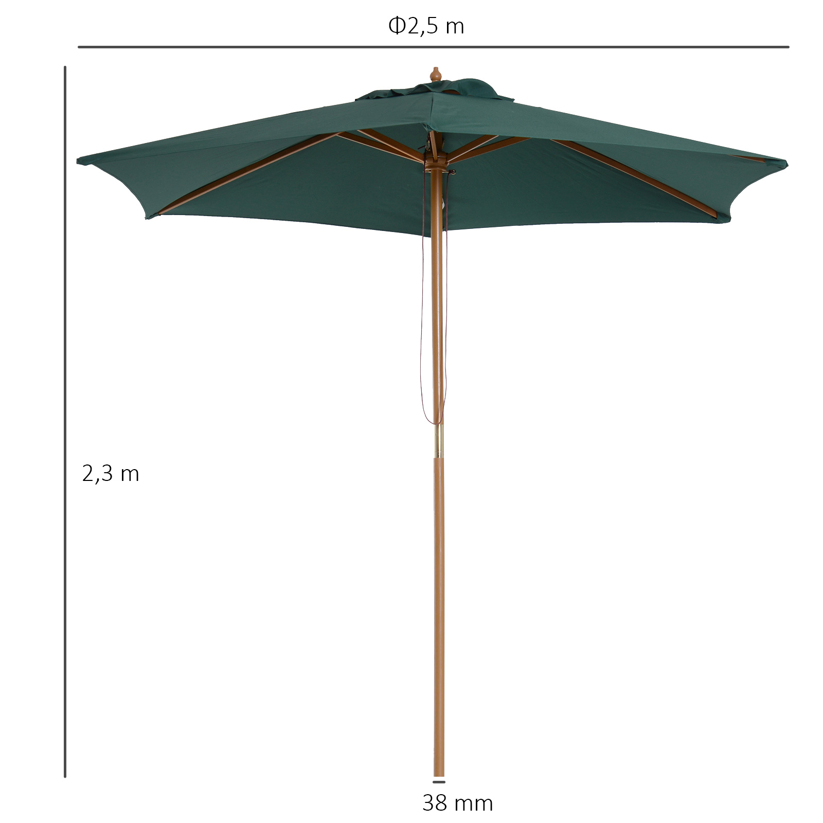 Guarda-sol de jardim Outsunny Ø250x230 cm para terraço, com 6 varetas, mastro removível, proteção UV, impermeável e estrutura de madeira para praia e pátio, na cor verde.