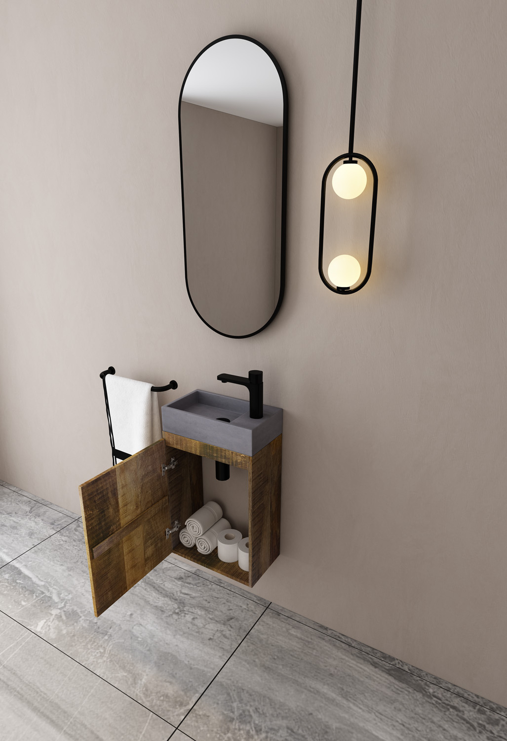 MD Interior Bello toiletmeubel mangohout links met betonnen fontein rechts
